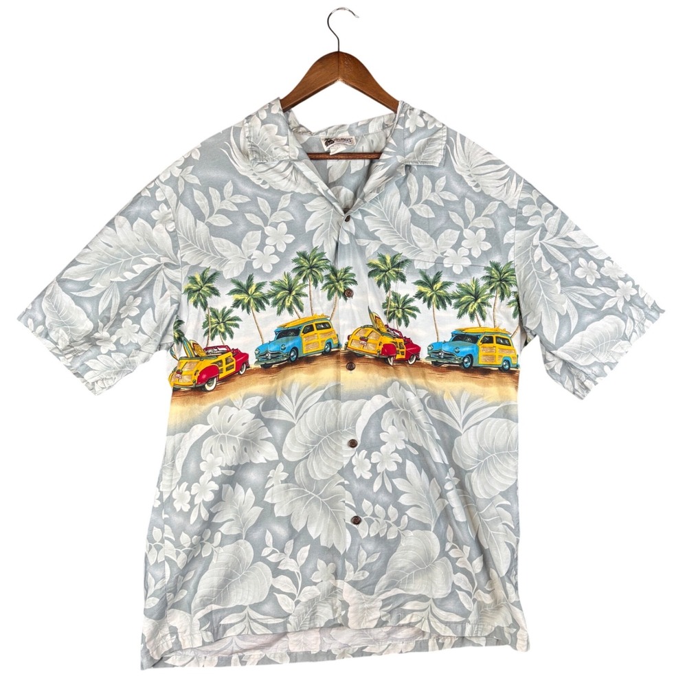 Aloha Republic Mens XL Hawaiian Shirt Blue Gray Vacation Surfboard Cotton USA